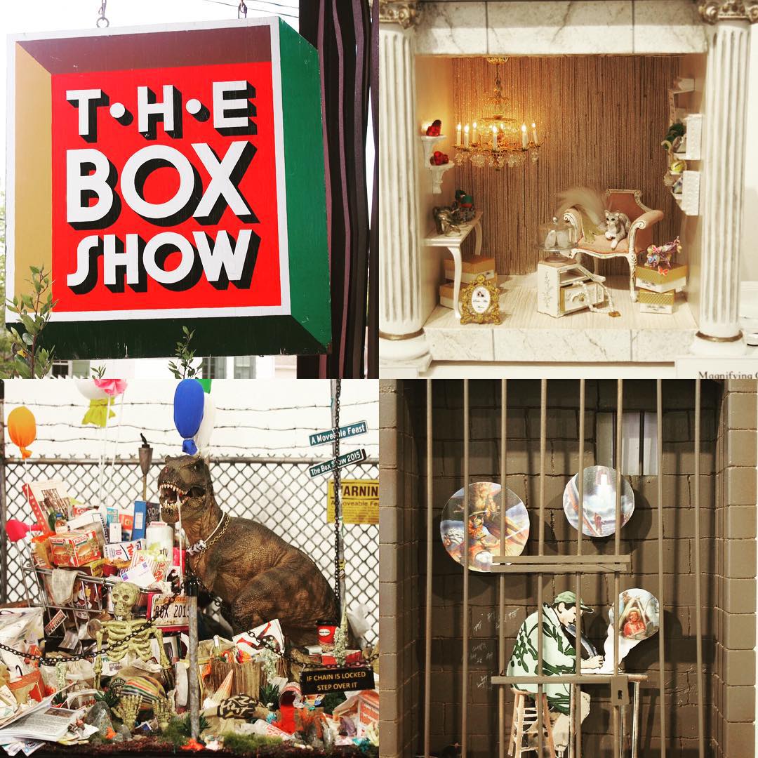 Gallery Route One @galleryrouteone point Reyes Station Strange to come across a box art show. I liked the little most.  From top right surreal heals by Ronda Bucciardii. A moveable feast by Barry chuleermark.  Capture the imagination by Leslie Scott. Sales are by open auction.